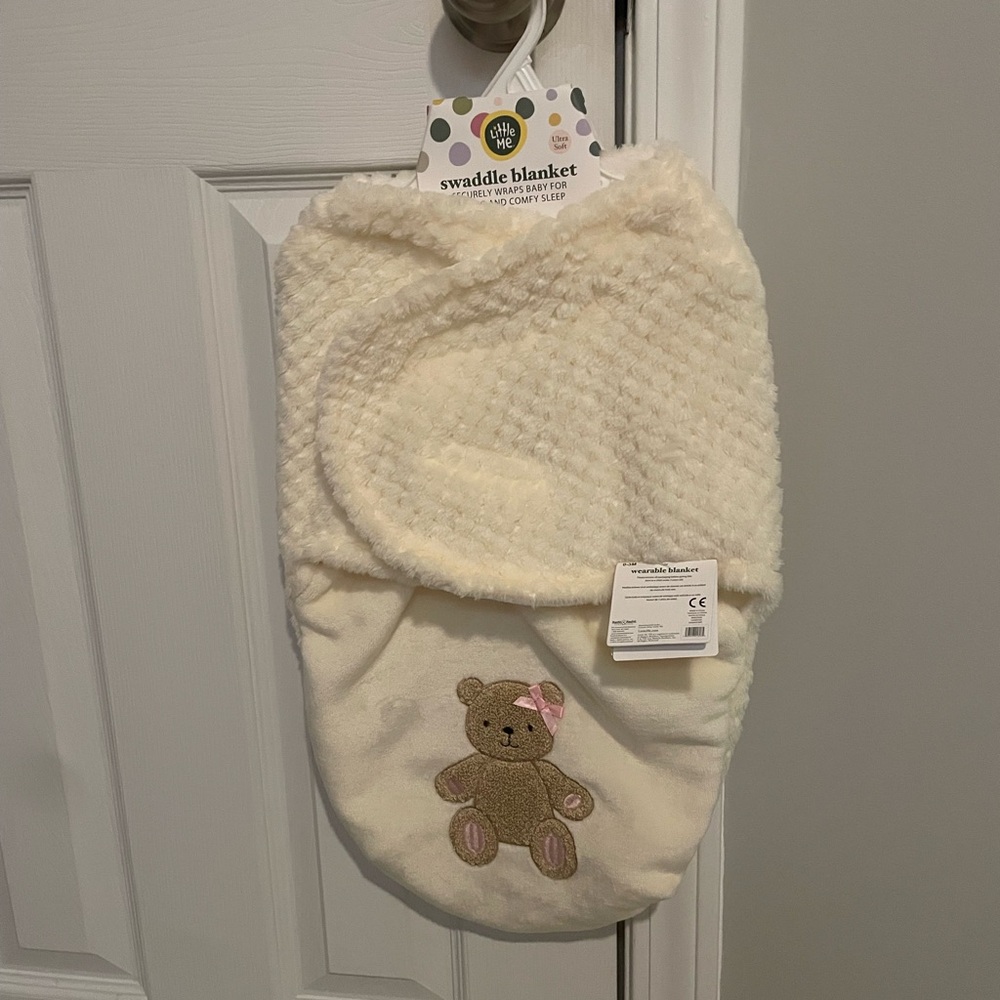 Little Me Cream Swaddle Blanket with Teddy Bear